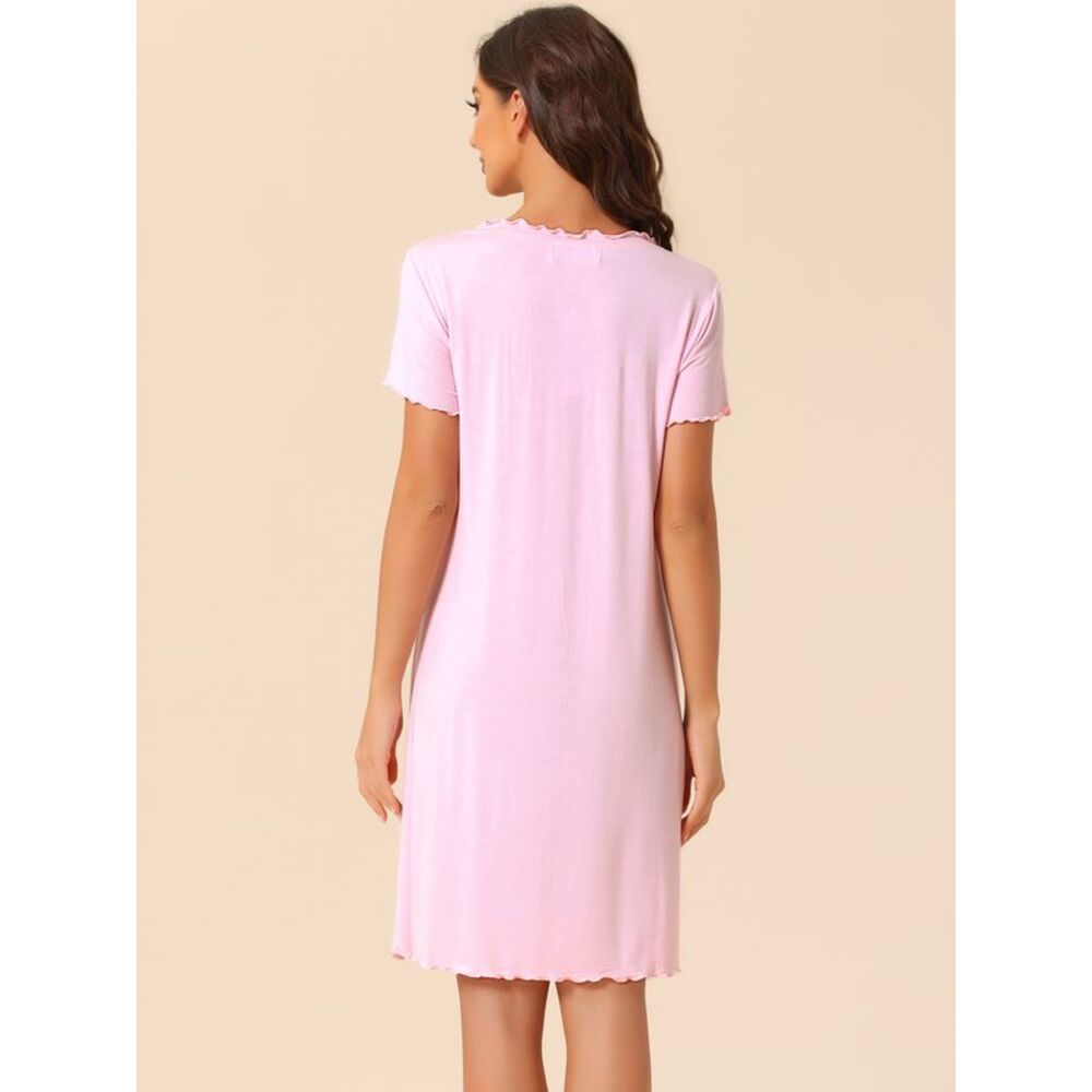 Sleepshirt Short Sleeve 2023 Pajama Dress Ruffle Lounge Nightshirts Pink - Picture 4 of 4